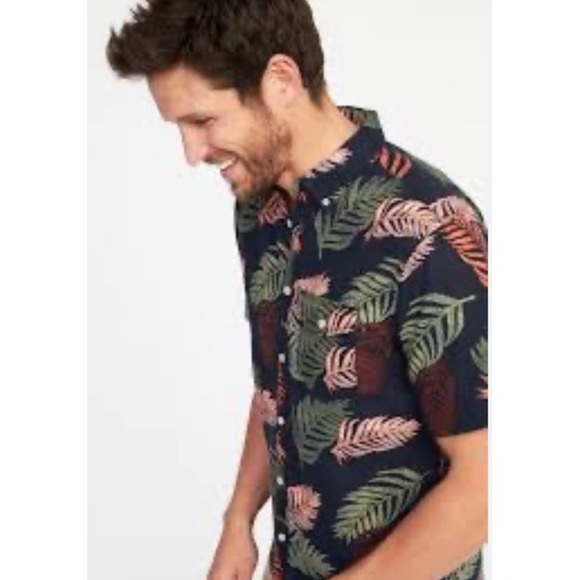 Old Navy Men's Linen Blend Slim Fit Sz‎ M  Leaf Print Button Short Sleeve Shirt - Picture 1 of 7